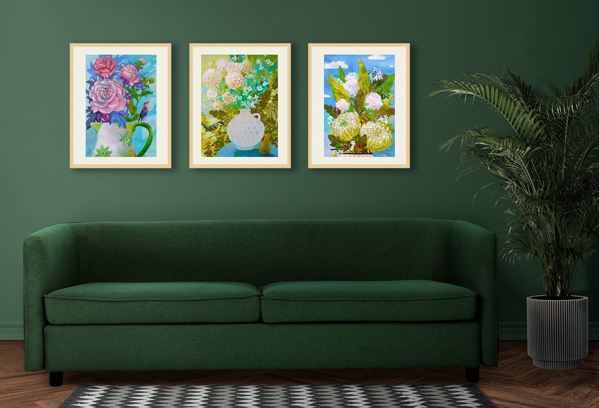 Botanical Acrylic Painting By Margot Raven, 33 X 16", Flowers In The Garden, Original Artwork