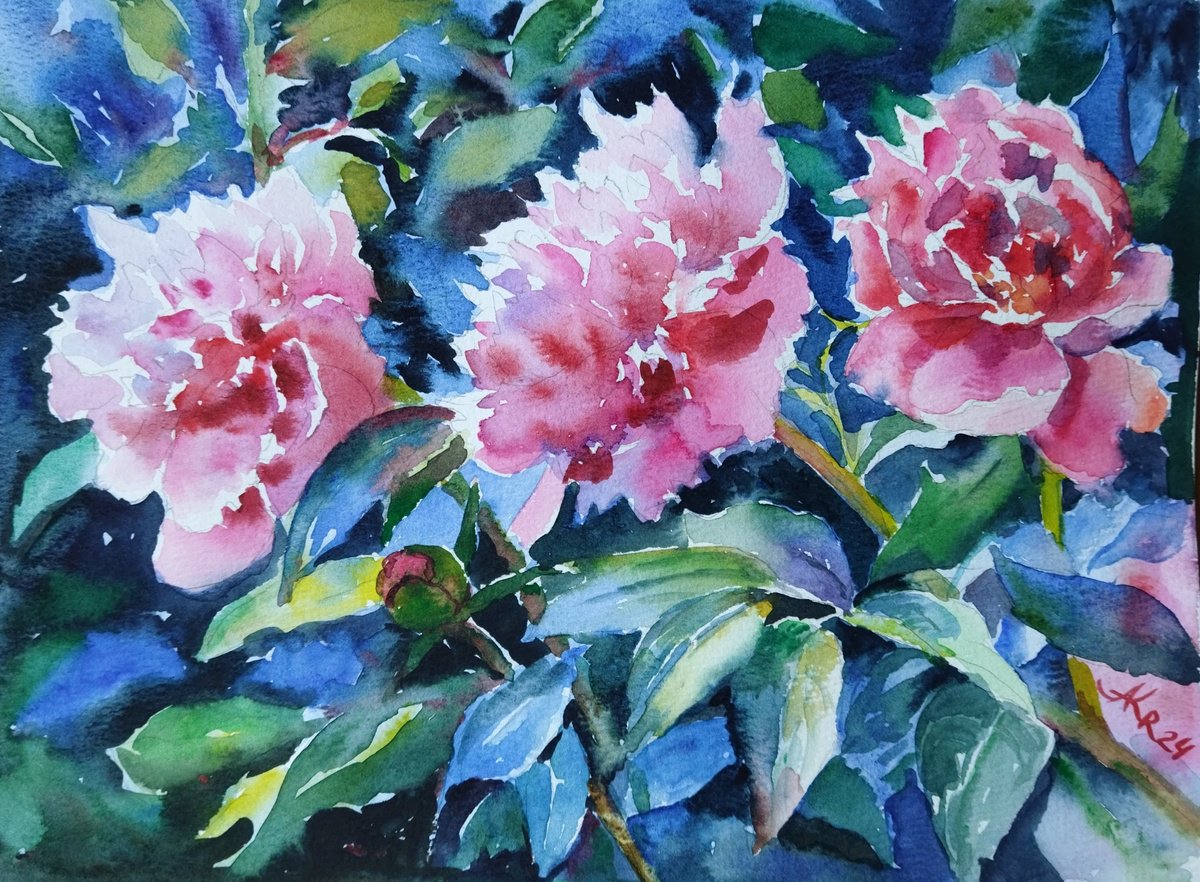 Impressionistic Botanical Watercolour By Ann Krasikova, 12 X 9, Twilight Peonies, Original Artwork