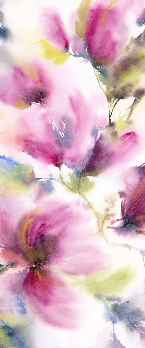 Watercolor loose flowers painting Spring magnolias by Olga Grigo