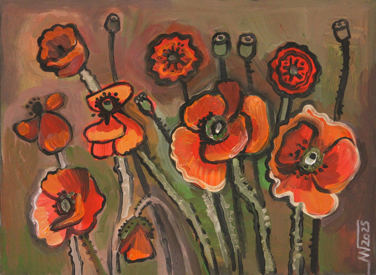Botanical Acrylic Painting By Marina Gorkaeva, 16 X 12", Poppies, Original Artwork