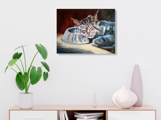 Night Watch, Cat Oil Painting Maine Coon Original Art Funny Sleeping Cat Artwork Pet Portrait Wall Art 40x30 cm