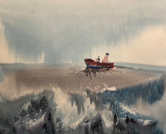 Watercolor "Old boat II” gift For Him