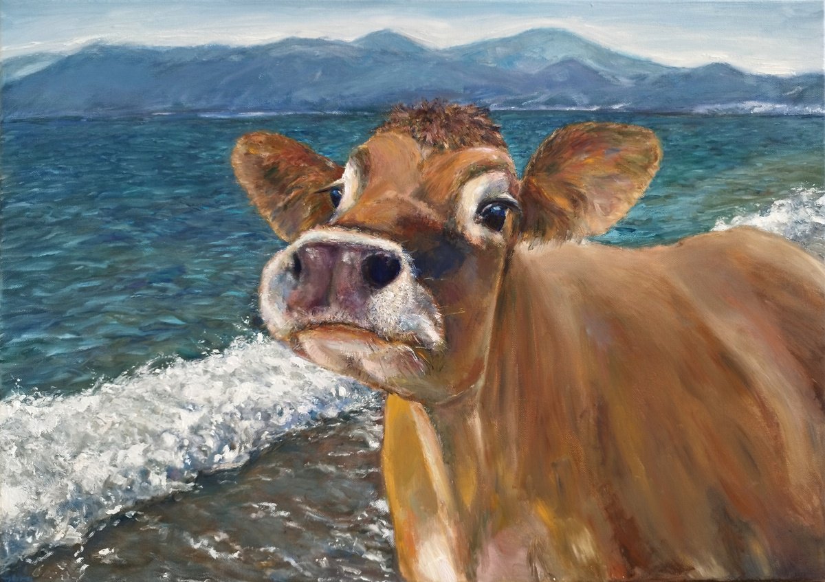 Photorealistic Animal Oil Painting By Jura Kuba Art, 28 X 20", Cow At The Sea, Original Artwork