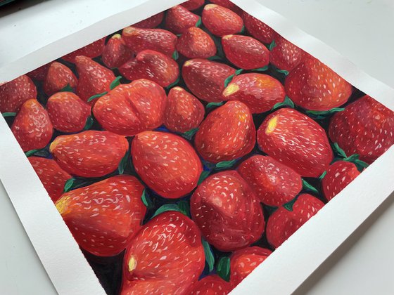 Strawberry Gouache Painting, Cottagecore Art, Farmcore Countrycore