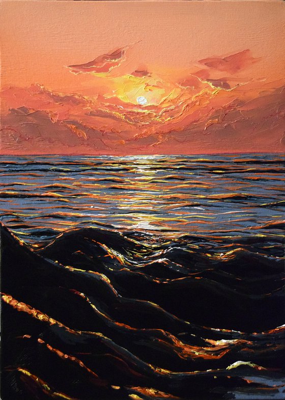 "Sweet Morning " 50 x 35 cm, Ready To Hang/ seascape/ sunset/sunrise/realism / photorealism/ romantic/ impressionism