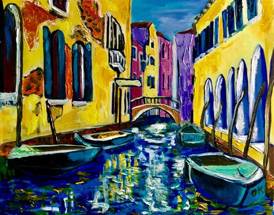 VENICE CANAL BRIDGE. HOME DECOR. PALETTE KNIFE OIL PAINTING. OFFICE URBAN WALL ART