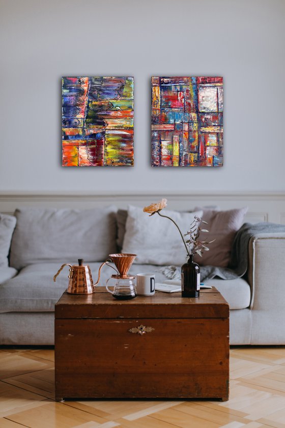 "Keep Your Distance" - FREE USA SHIPPING + Save As A Series - Original PMS Abstract Diptych Oil Paintings On Canvas - 32" x 20"