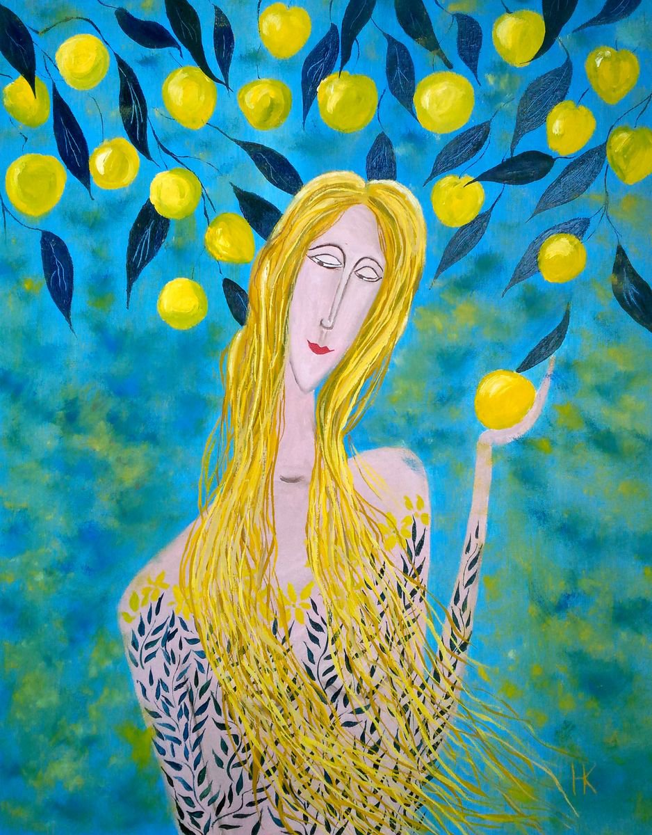 abstract female portrait original oil painting Looking for the golden fruit by Halyna Kirichenko