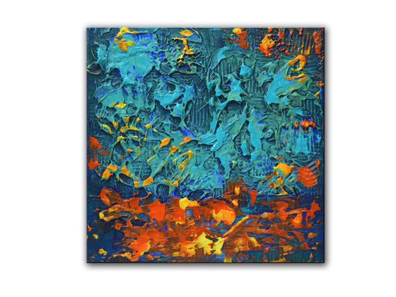 Blue Turquoise - 25.5 x 25.5 cm Heavy Textured Acrylic Painting, Turquiose, Blue, Red