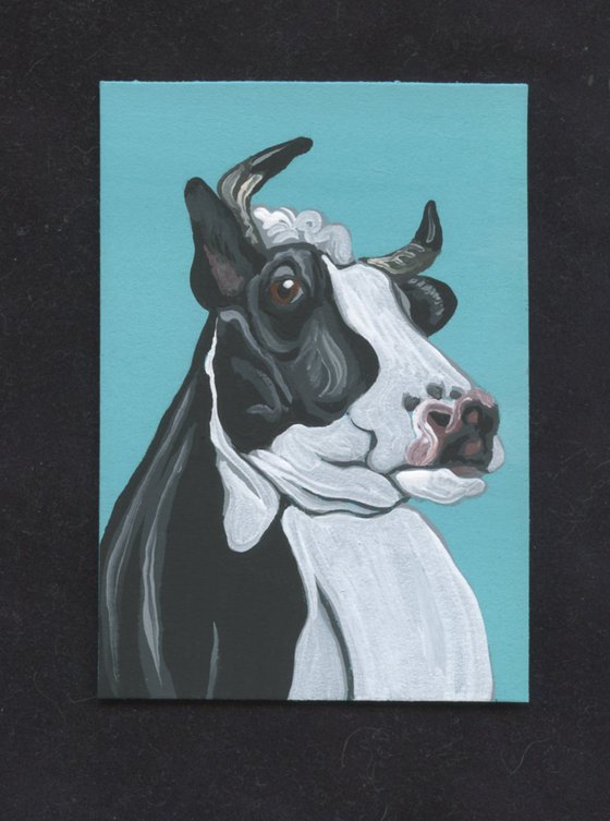 ACEO ATC Original Painting Black White  Cow Farm Animal Art-Carla Smale