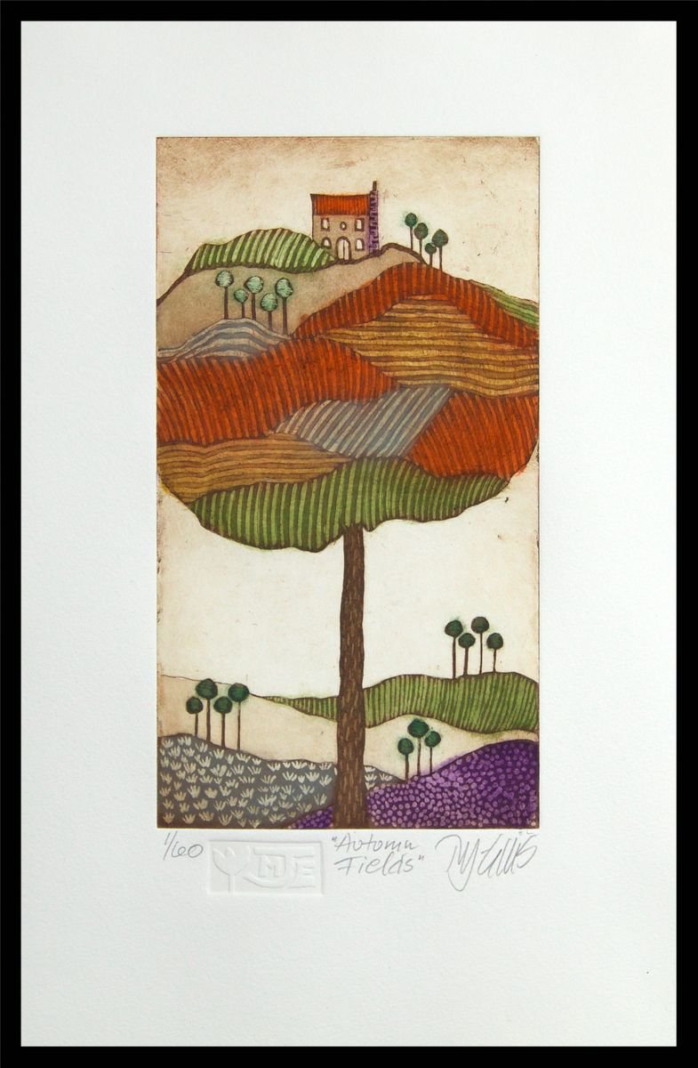 Illustrative Landscape Etchings & Engravings By Mariann Johansen-Ellis, 10 X 14", Autumn Fields, Original Artwork