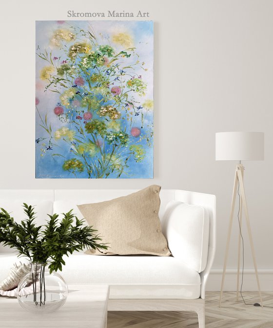 GENTLE MUSE - Wildflowers. Dandelions. Floral abstraction. Inspiration. Light blue. Extravaganza. Bouquet. Colorful.