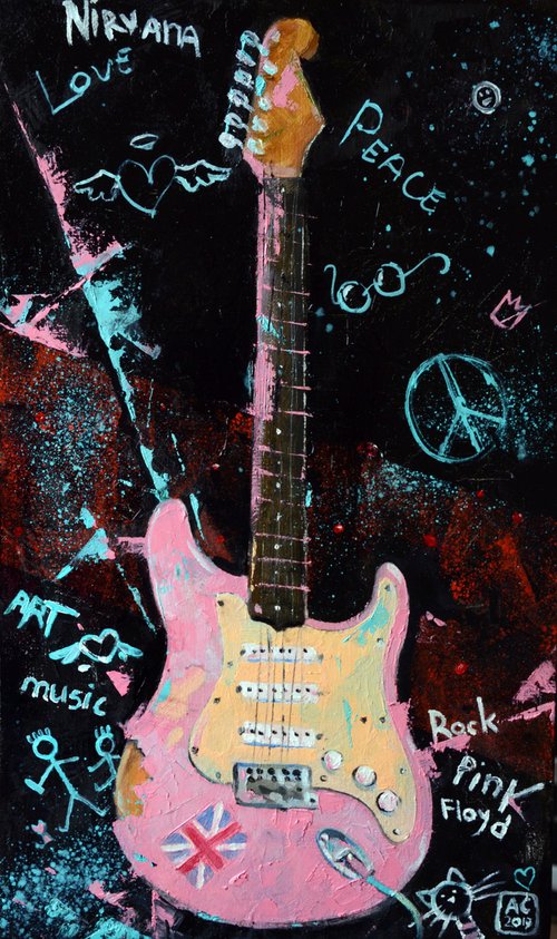 pink guitar on a black background, grunge style by Alexandra Sergeeva