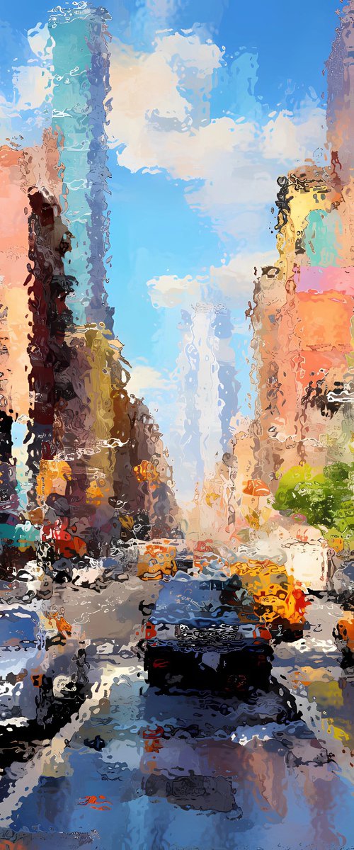 American street after the rain. Urban 7th Avenue and Broadway Times Square New York City USA cityscene, colorful impressionistic landscape art. Large wall art home decor. Art Gift by BAST