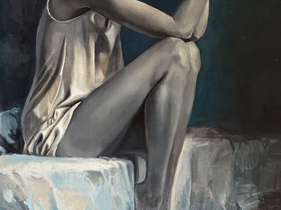 " Black and White Beauty " - 80 x 100cm Original Oil Painting Black and White to Dark Blue