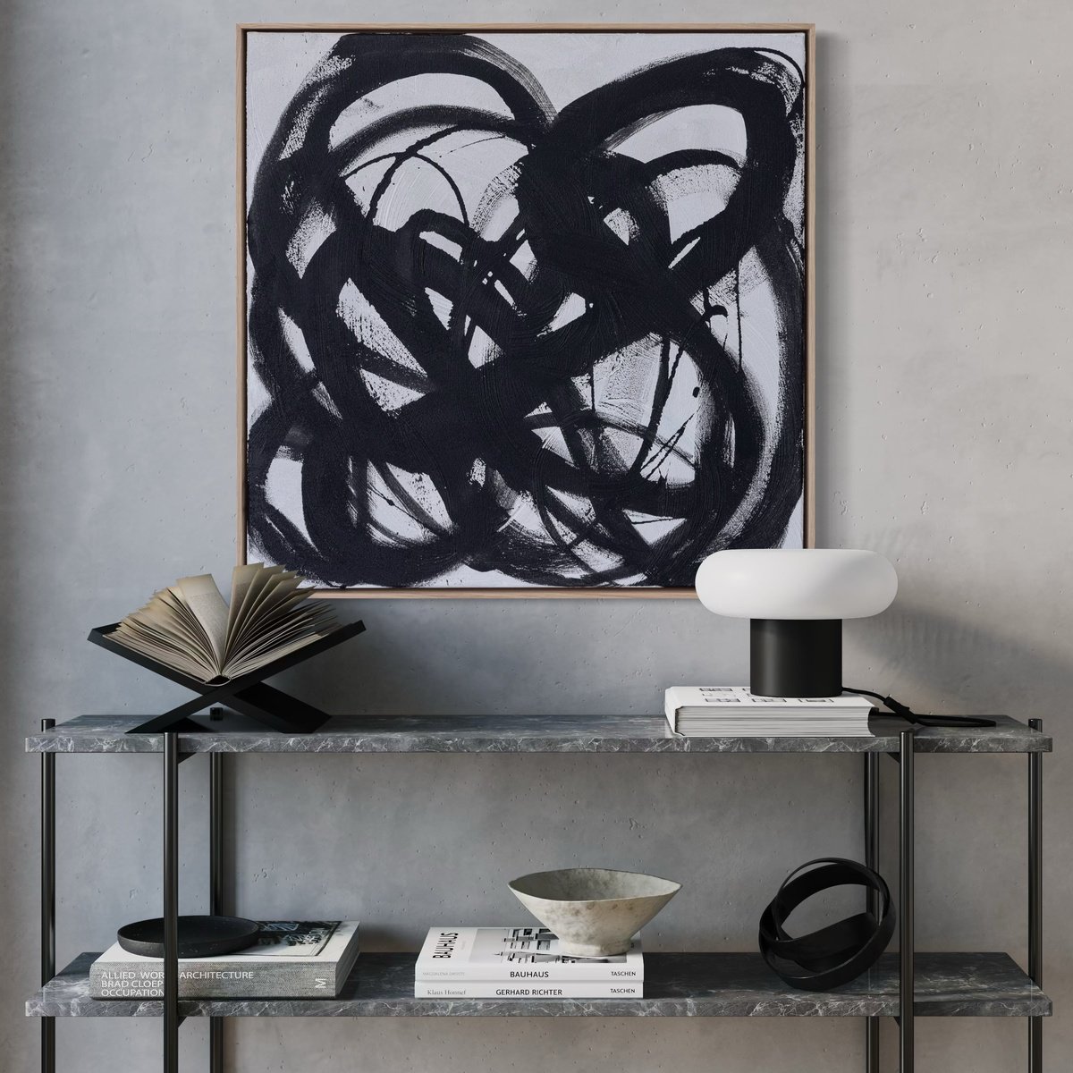 Organic Abstract Acrylic Painting By Mareike Bohmer, 28 X 28", Black Strokes, Original Artwork