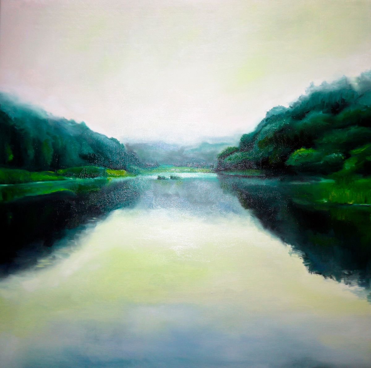 Landscape painting on canvas Reflection-? Oil by Anna Lubchik