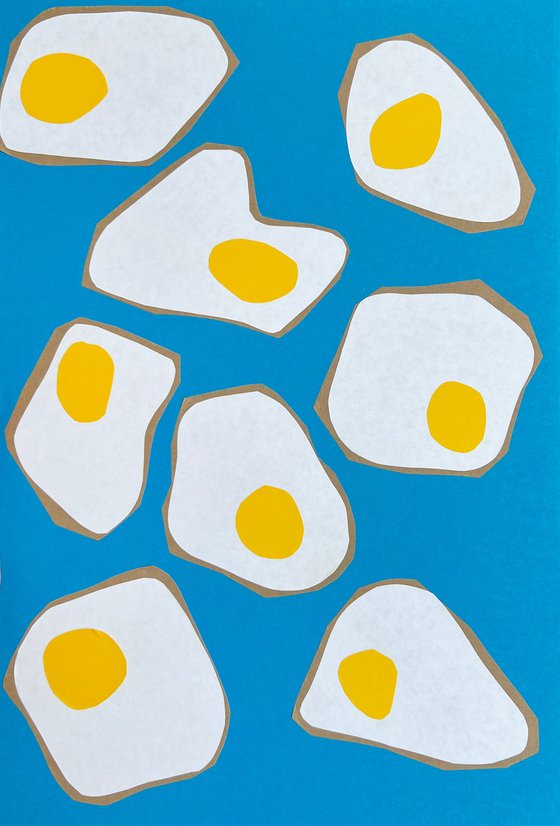 Fried Eggs on Blue Background