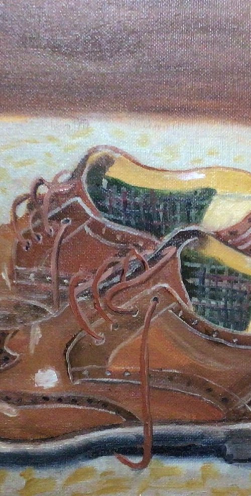 Brown Shoes, still life oil painting by Julian Lovegrove Art