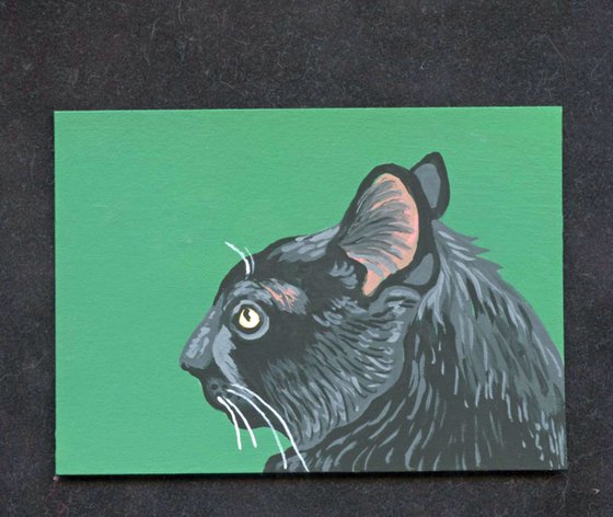 ACEO ATC Original Miniature Painting Black Cat Pet Feline Art-Carla Smale