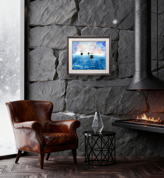 Seascape 3 yachts and seagulls