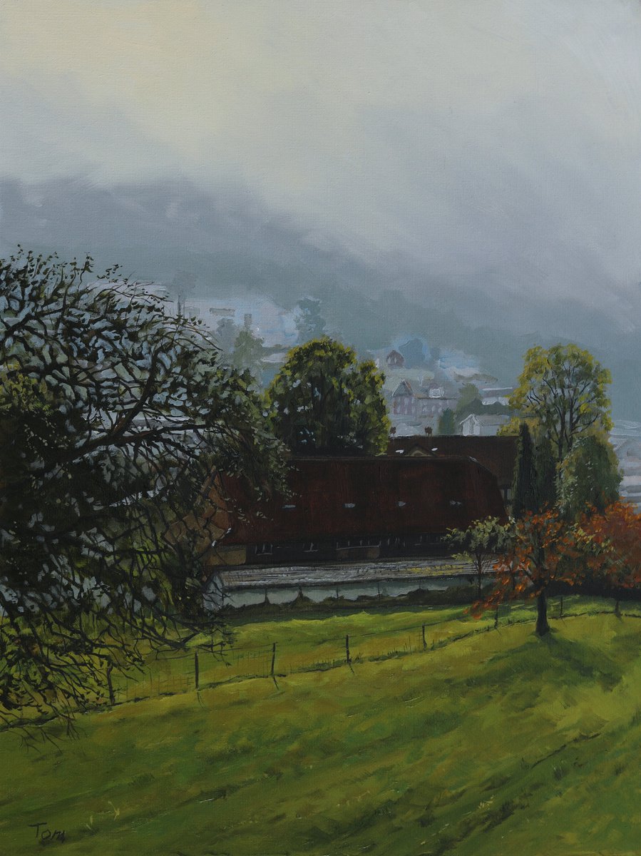 Landscape Oil Painting By Tom Clay, 12 X 16", Cloud Over Zugerberg, Original Artwork