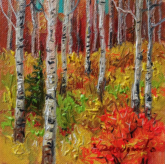 Birch forest painting original, Autumn trees Landscape oil painting small art framed, Miniature painting guest gift