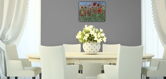 Meadow-Poppies - Modern Abstract Splattered, Textured - Original painting 24" X 18" X 0.5"