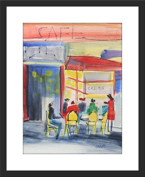 FRENCH CAFE. Original Impressionistic Figurative Watercolour Painting.