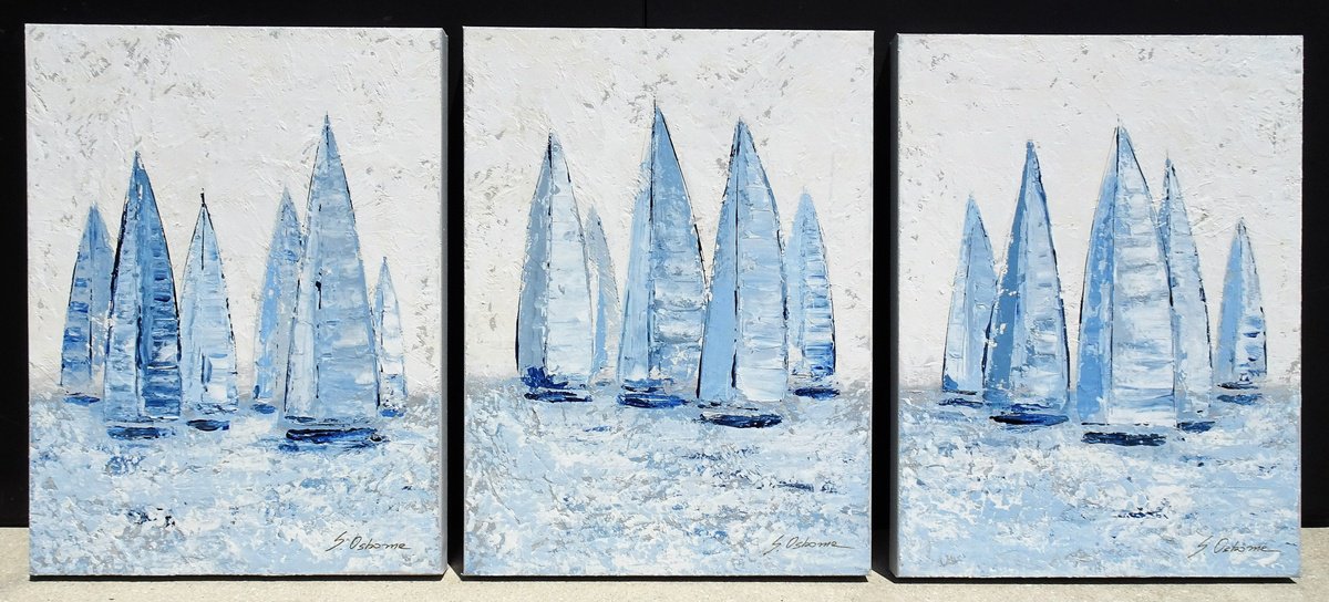 OCEAN BREEZE. Sailboats Regatta Navy Blue Coastal Triptych by Sveta Osborne