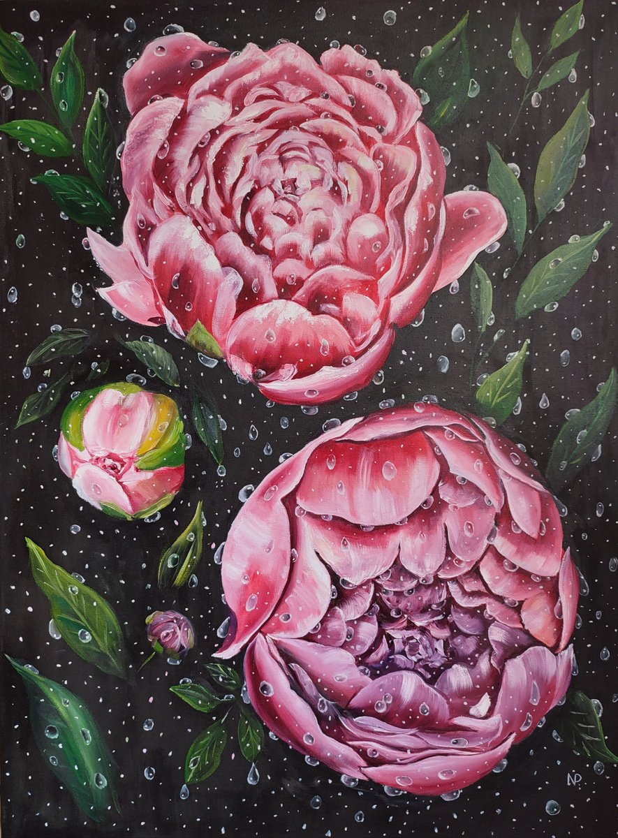 Impressionistic Botanical Oil Painting By Nataliia Plakhotnyk, 24 X 31", Peonies In Drops, Original Artwork