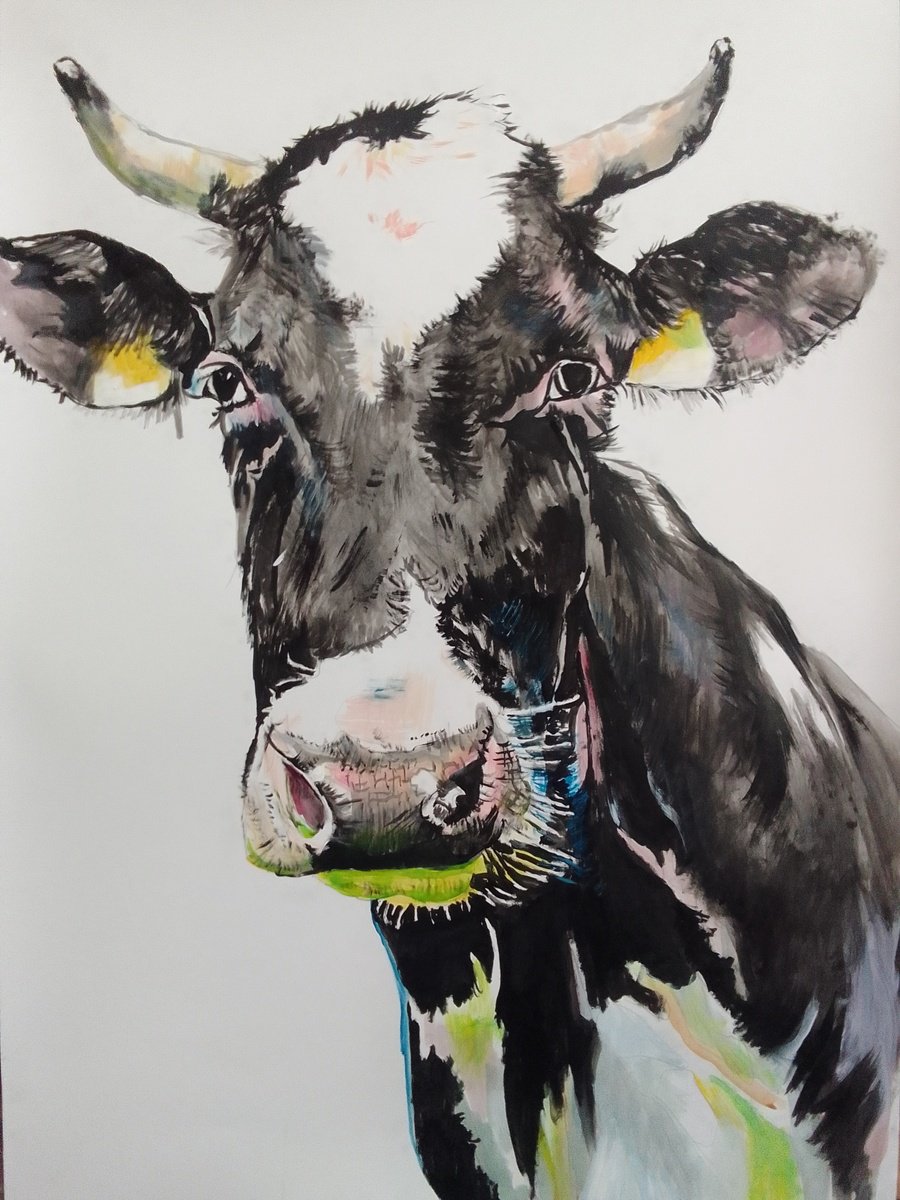 Photorealistic Animal Acrylic Painting By Soso Kumsiashvili, 24 X 33", Cow, Original Artwork