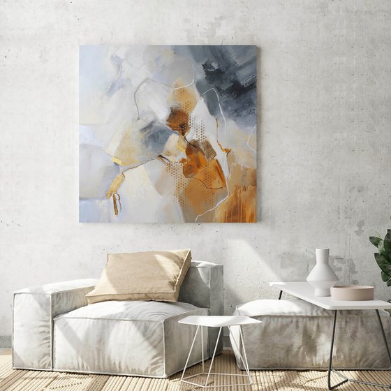"Seclusion" Brown blue gray abstract art