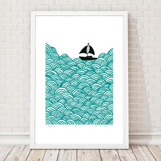 Bigger Boat A2 Size in Green Lagoon - Framed FREE UK Delivery