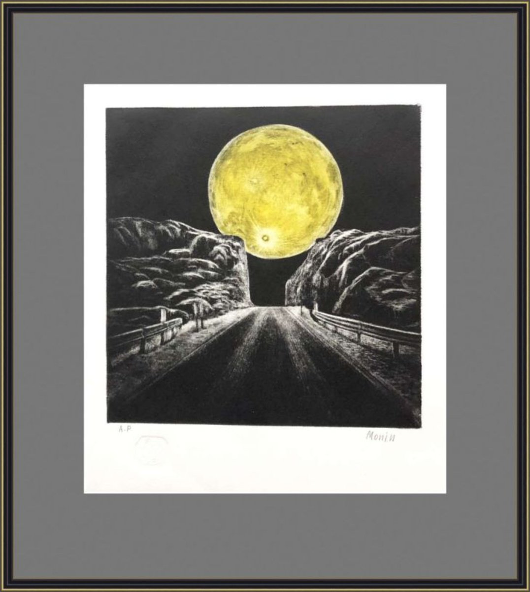 Landscape Print By Sergei Monin, 10 X 10", Moon On The Road, Original Artwork