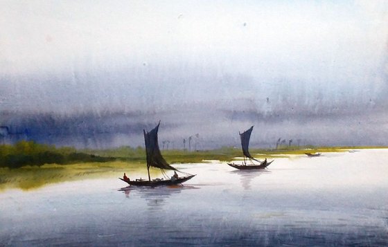 Monsoon River & Fishing Boats - Watercolor on Paper