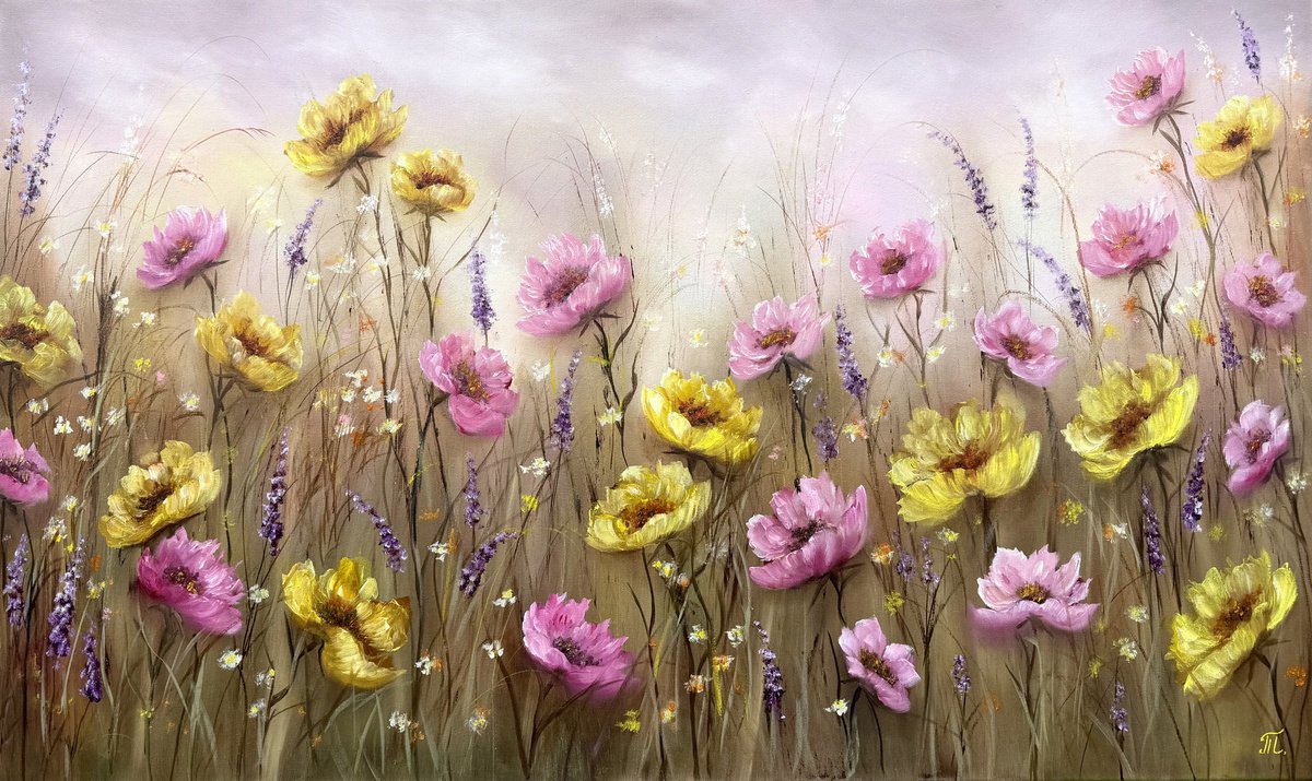Impressionistic Landscape Oil Painting By Tanja Frost, 39 X 24", Hearts In Bloom -Floral Symphony Collection, Original Artwork