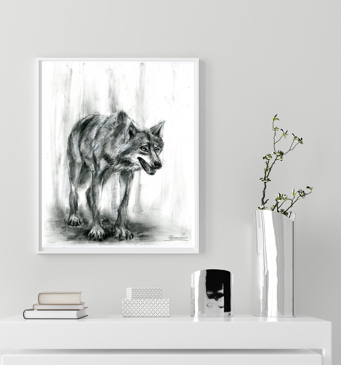 Expressive Animal Charcoal Drawing By Olga Tchefranov (Shefranov), 11 X 14", Gray Wolf, Original Artwork