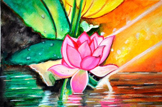 Lotus Sunrise a vibrant cheerful painting on sale