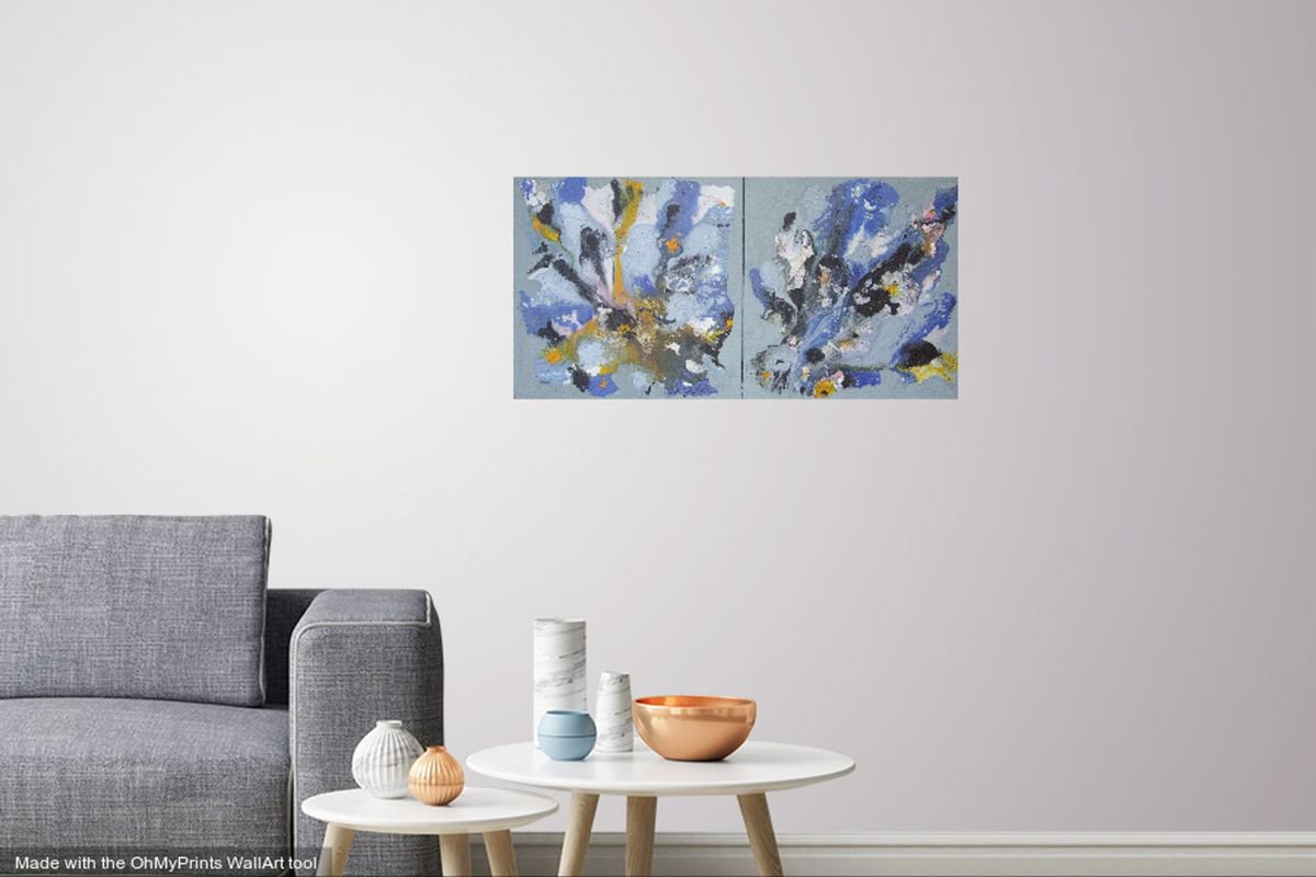 Abstract 1 and 2...Diptyque 2X50X50cm...Blue and yellow by Sylvie Oliveri