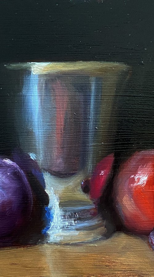 Original Oil Still Life Plums, grape and Antique Silver Goblet. by Jackie Smith