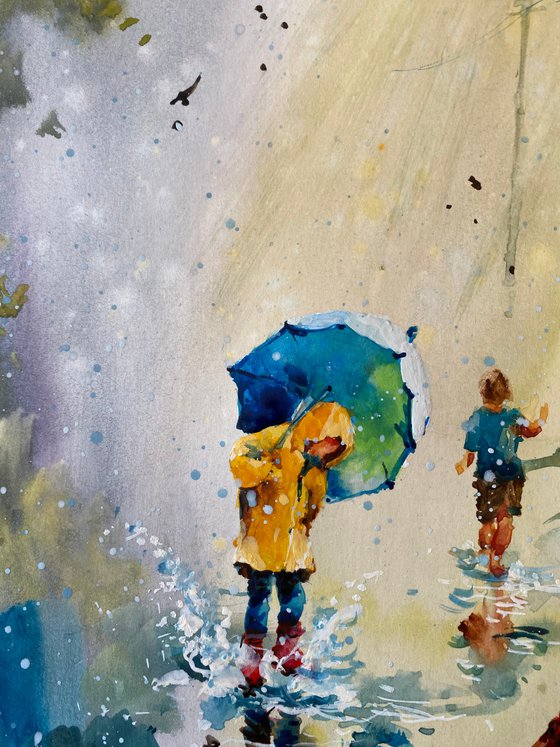 Watercolor "After rain. Childhood joy", perfect gift