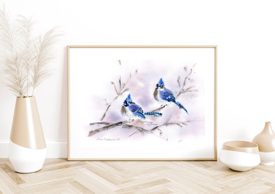 Blue jays original watercolour painting with blue birds on branch, farmhouse painting decor for home gift idea