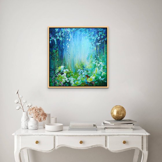 TROPICAL RAINFOREST II. Orchid Flowers Acrylic Square Painting on Canvas