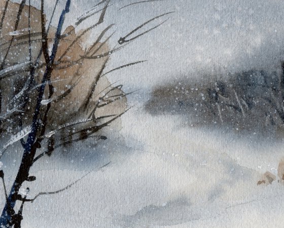 Snowing. Winter landscape. Watercolour by Marina Trushnikova