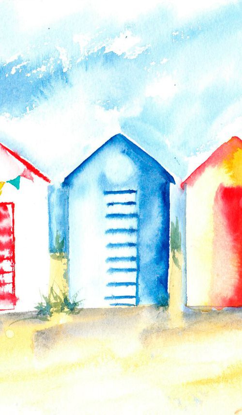 Beach huts and seagulls by Anjana Cawdell