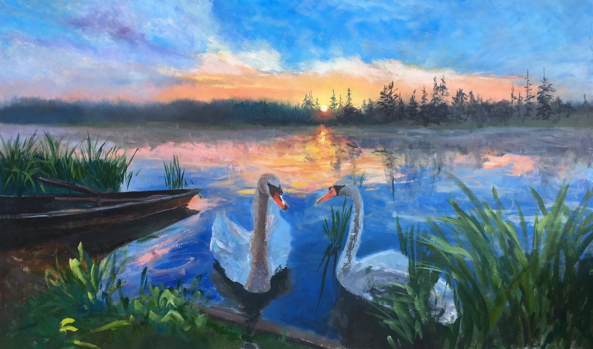 Lake, Evening, two Swans, Large Landscape by Leo Khomich