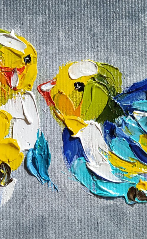 Little love -  birds, birds love, animals oil painting, art bird, Impressionism, palette knife, gift. by Anastasia Kozorez