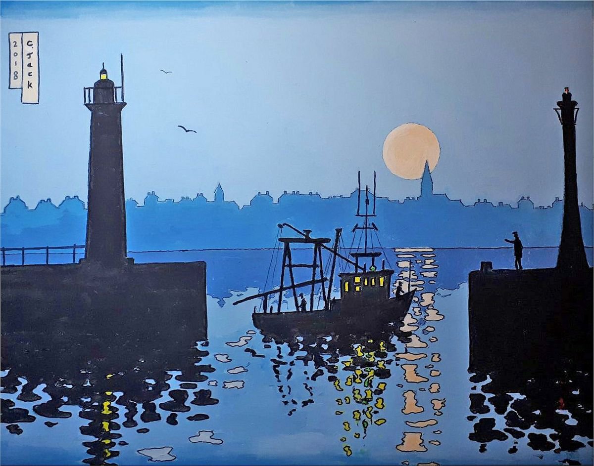 Landscape Acrylic Painting By Colin Ross Jack, 30 X 24, Nocturne: Anstruther Harbour, Original Artwork