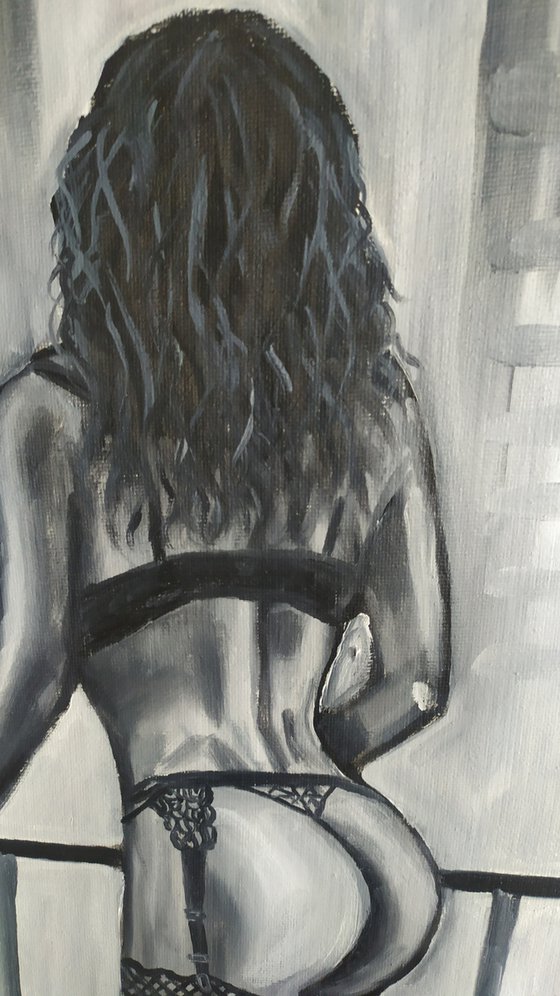 Girl in a big city, original nude erotic gestural black and white nude oil painting